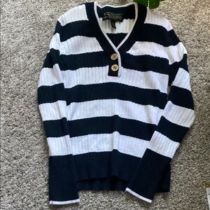 Polo by Ralph Lauren Black and White Striped Ribbed V-Neck Sweater